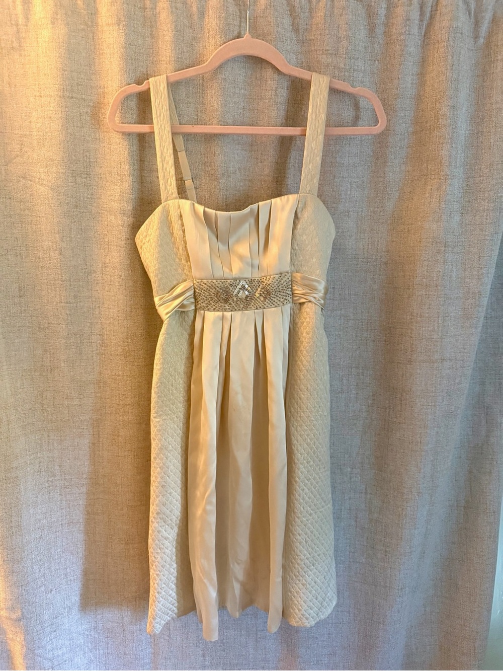 Silk BCBGMaxAzria Ivory Satin Pleated Dress with Beaded Waistband - Picture 9 of 10
